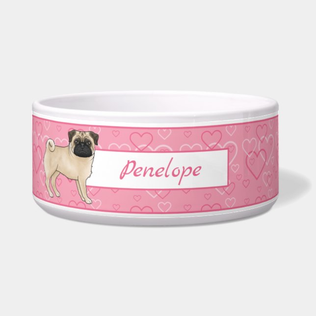 Fawn Pug Cartoon Mops On Pink Hearts With Name Bowl (Front)