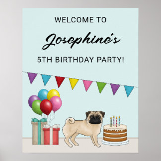 Fawn Pug Cute Cartoon Dog Birthday Welcome Poster