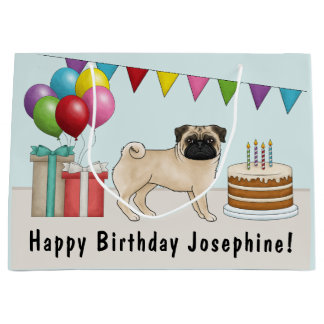 Fawn Pug Cute Cartoon Dog Colorful Birthday Large Gift Bag