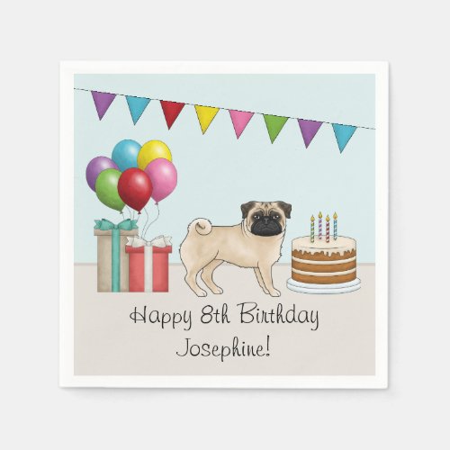 Fawn Pug Cute Cartoon Dog Colorful Birthday Napkins