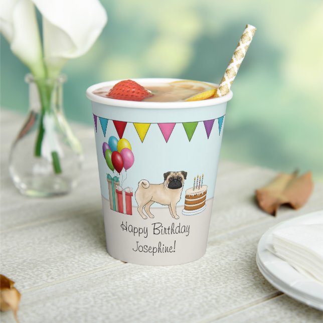 Fawn Pug Cute Cartoon Dog Colorful Birthday Paper Cups (Insitu)