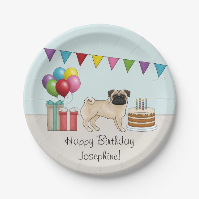 Fawn Pug Cute Cartoon Dog Colorful Birthday Paper Plates (Front)