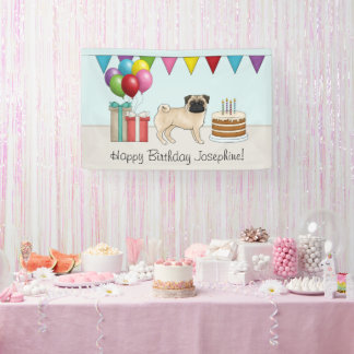 Fawn Pug Cute Cartoon Dog Colorful Happy Birthday Banner