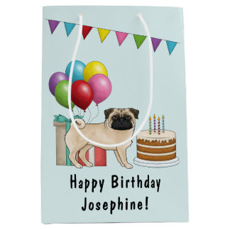 Fawn Pug Cute Cartoon Dog Colorful Happy Birthday Medium Gift Bag