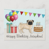 Fawn Pug Cute Cartoon Dog Colorful Happy Birthday Postcard (Front)