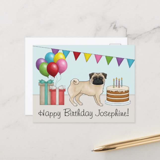 Fawn Pug Cute Cartoon Dog Colorful Happy Birthday Postcard (Front/Back In Situ)