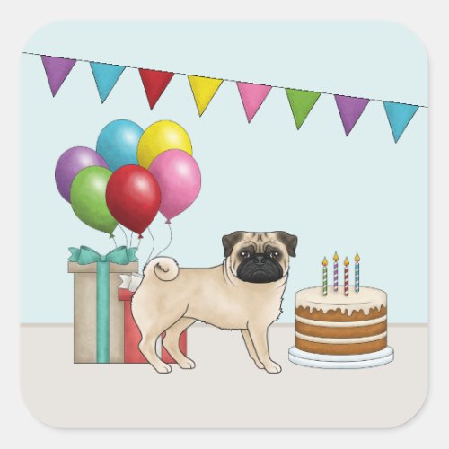 Fawn Pug Cute Cartoon Dog Design Colorful Birthday Square Sticker