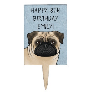 Fawn Pug Cute Cartoon Dog Head Happy Birthday Blue Cake Topper