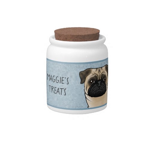 Fawn Pug Cute Cartoon Dog Head On Blue Pet Treat Candy Jar