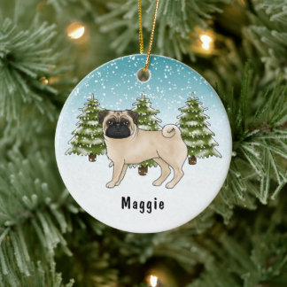 Fawn Pug Cute Cartoon Dog In Blue Winter Forest Ceramic Ornament