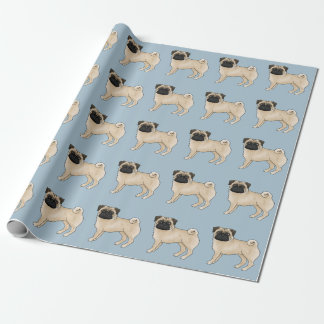 Fawn Pug Cute Cartoon Dog Mops Design Pattern Blue Wrapping Paper