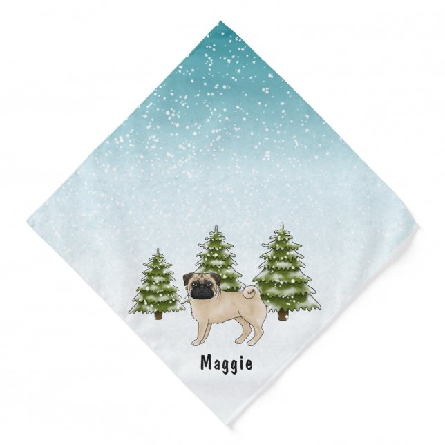 Fawn Pug Cute Cartoon Dog Snowy Winter Forest Bandana (Front)