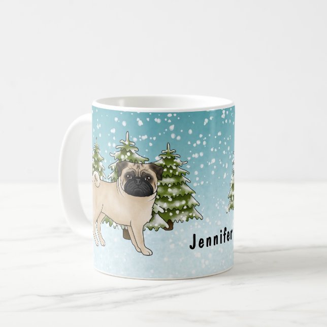 Fawn Pug Cute Cartoon Dog Snowy Winter Forest Coffee Mug (Front Left)