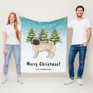 Fawn Pug Cute Cartoon Dog Snowy Winter Forest Fleece Blanket