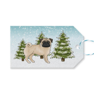 Fawn Pug Cute Cartoon Dog Snowy Winter Forest Gift Tags