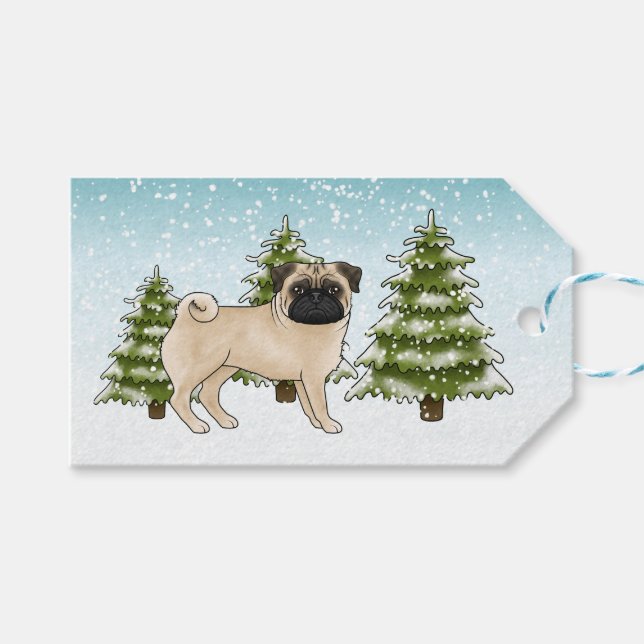 Fawn Pug Cute Cartoon Dog Snowy Winter Forest Gift Tags (Front (Horizontal))