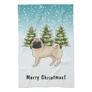 Fawn Pug Cute Cartoon Dog Snowy Winter Forest Kitchen Towel