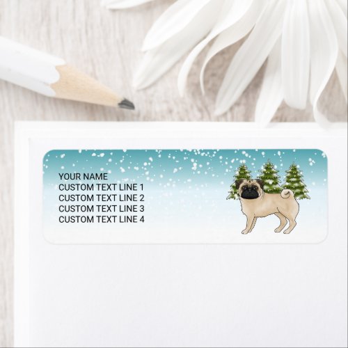 Fawn Pug Cute Cartoon Dog Snowy Winter Forest Label