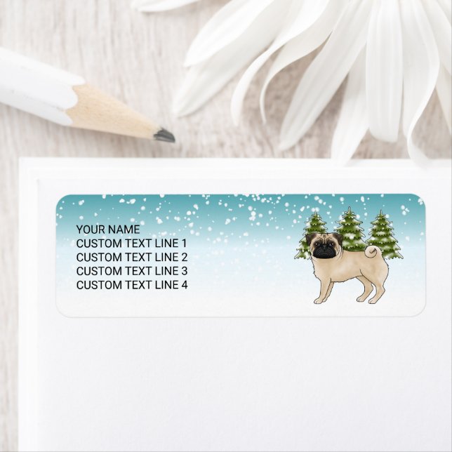 Fawn Pug Cute Cartoon Dog Snowy Winter Forest Label (Insitu)