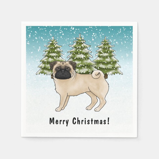 Fawn Pug Cute Cartoon Dog Snowy Winter Forest Napkins (Front)