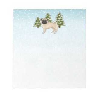 Fawn Pug Cute Cartoon Dog Snowy Winter Forest Notepad