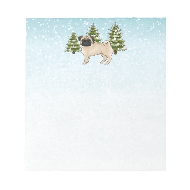 Fawn Pug Cute Cartoon Dog Snowy Winter Forest Notepad (Front)