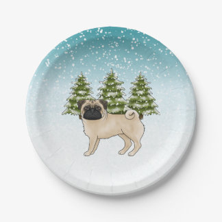 Fawn Pug Cute Cartoon Dog Snowy Winter Forest Paper Plates