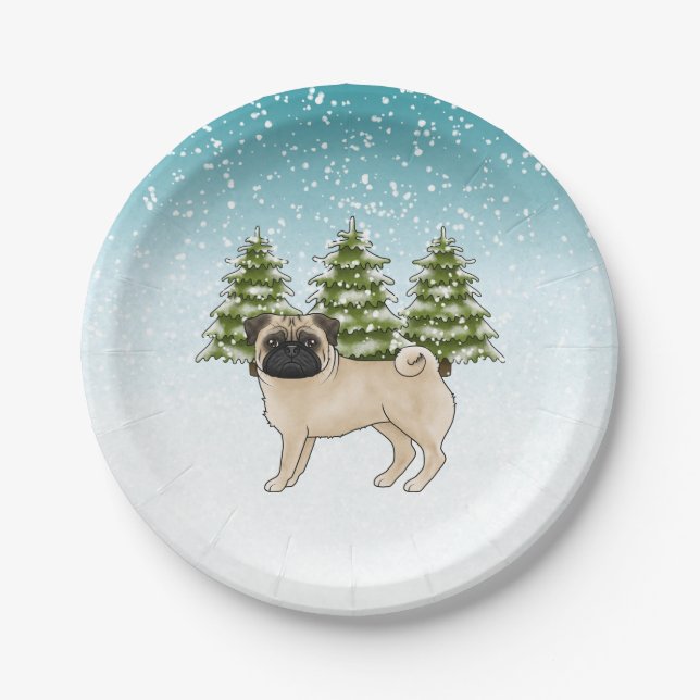 Fawn Pug Cute Cartoon Dog Snowy Winter Forest Paper Plates (Front)