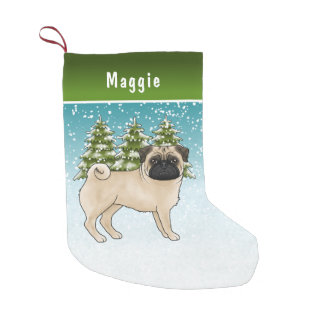 Fawn Pug Cute Cartoon Dog Snowy Winter Forest Small Christmas Stocking