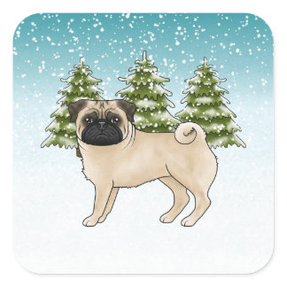 Fawn Pug Cute Cartoon Dog Snowy Winter Forest Square Sticker