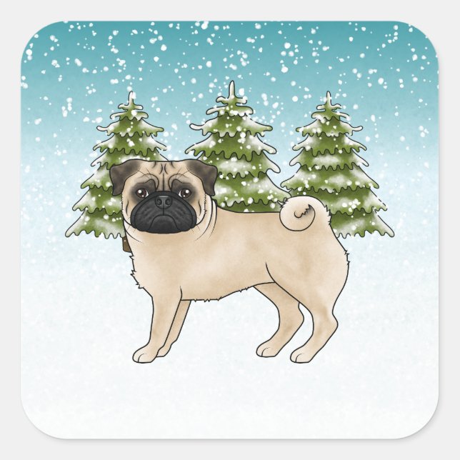 Fawn Pug Cute Cartoon Dog Snowy Winter Forest Square Sticker (Front)