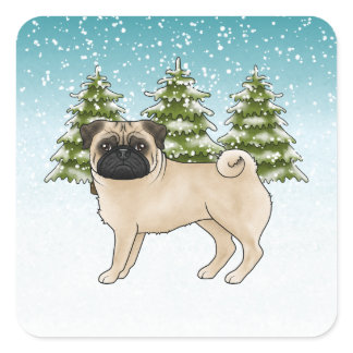 Fawn Pug Cute Cartoon Dog Snowy Winter Forest Square Sticker