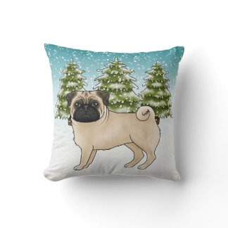 Fawn Pug Cute Cartoon Dog Snowy Winter Forest Throw Pillow