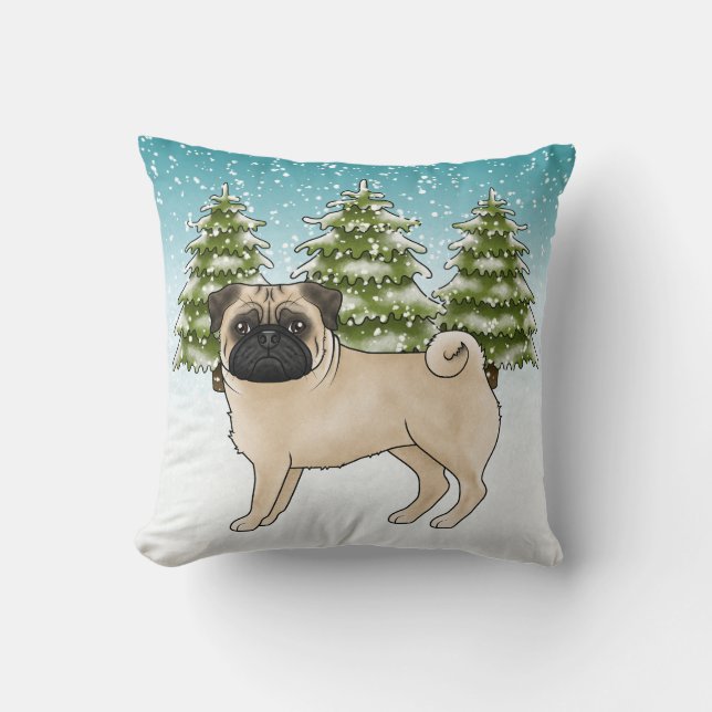 Fawn Pug Cute Cartoon Dog Snowy Winter Forest Throw Pillow (Front)