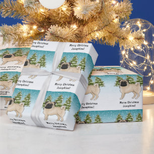 Fawn Pug Cute Cartoon Dog Snowy Winter Forest Wrapping Paper