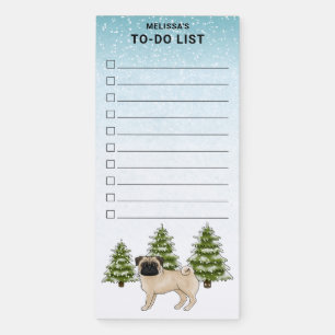 Fawn Pug Cute Cartoon Dog Winter Forest To Do List Magnetic Notepad