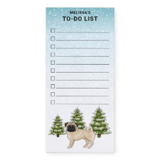 Fawn Pug Cute Cartoon Dog Winter Forest To Do List Magnetic Notepad