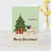 Fawn Pug Cute Cartoon Dog With A Christmas Tree Card (Yellow Flower)