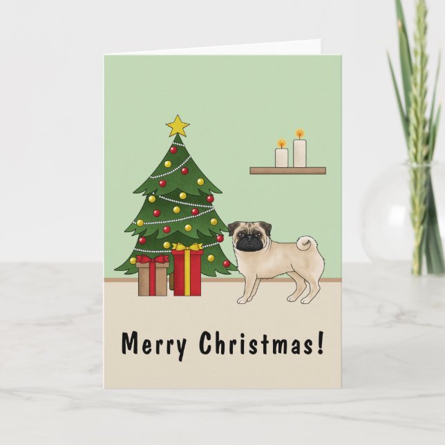 Fawn Pug Cute Cartoon Dog With A Christmas Tree Card (Front)