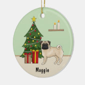 Fawn Pug Cute Cartoon Dog With A Christmas Tree Ceramic Ornament (Left)