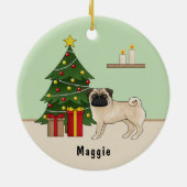Fawn Pug Cute Cartoon Dog With A Christmas Tree Ceramic Ornament (Back)