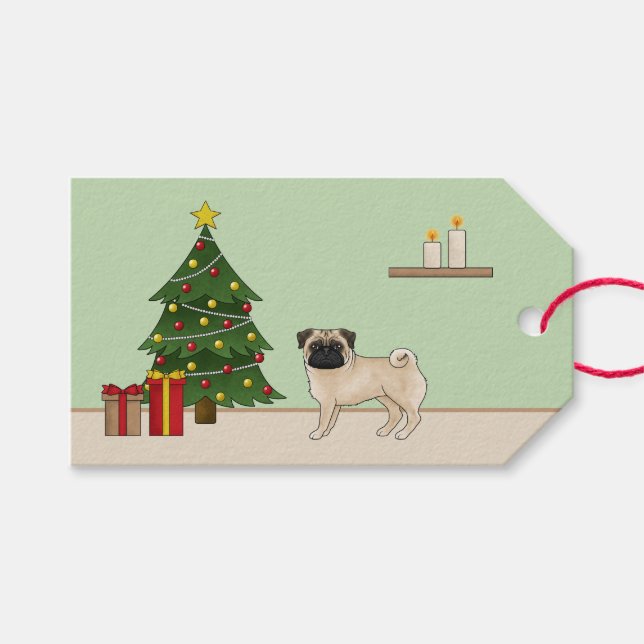 Fawn Pug Cute Cartoon Dog With A Christmas Tree Gift Tags (Front (Horizontal))