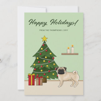 Fawn Pug Cute Cartoon Dog With A Christmas Tree Holiday Card