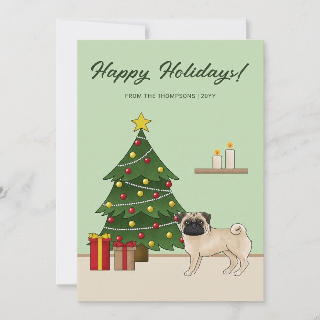 Fawn Pug Cute Cartoon Dog With A Christmas Tree Holiday Card (Front)