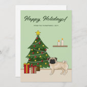 Fawn Pug Cute Cartoon Dog With A Christmas Tree Holiday Card (Front/Back)