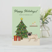 Fawn Pug Cute Cartoon Dog With A Christmas Tree Holiday Card (Standing Front)