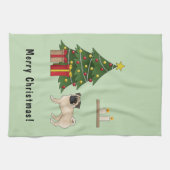 Fawn Pug Cute Cartoon Dog With A Christmas Tree Kitchen Towel (Horizontal)
