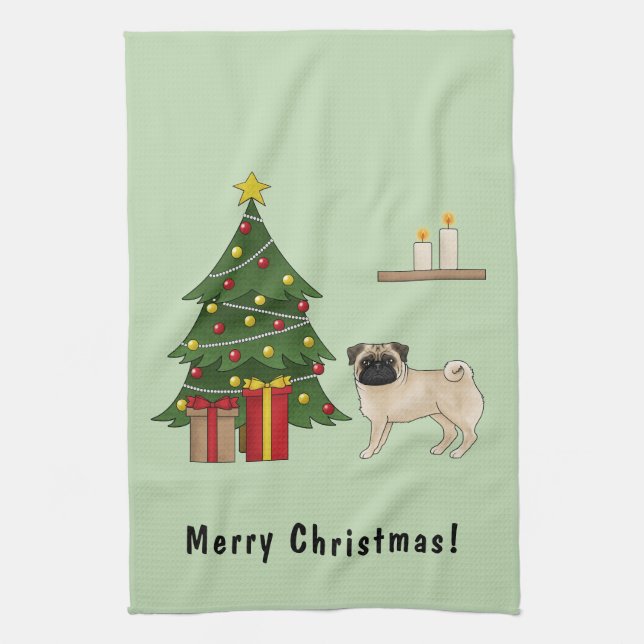 Fawn Pug Cute Cartoon Dog With A Christmas Tree Kitchen Towel (Vertical)