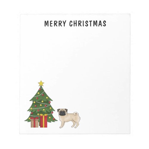 Fawn Pug Cute Cartoon Dog With A Christmas Tree Notepad