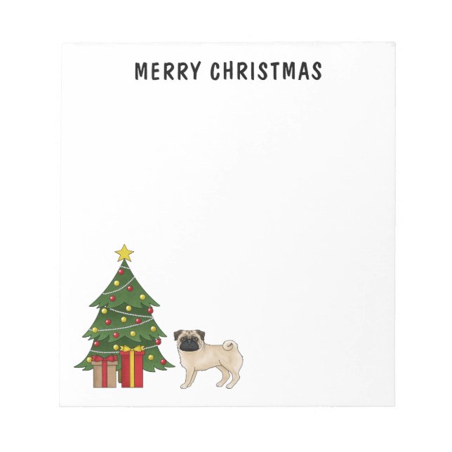 Fawn Pug Cute Cartoon Dog With A Christmas Tree Notepad (Front)